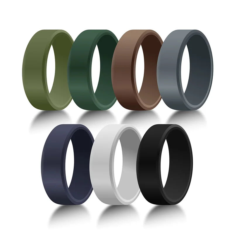 7-Pack Men's Silicone Wedding Bands - Hypoallergenic, 8mm Wide, Multi-Color