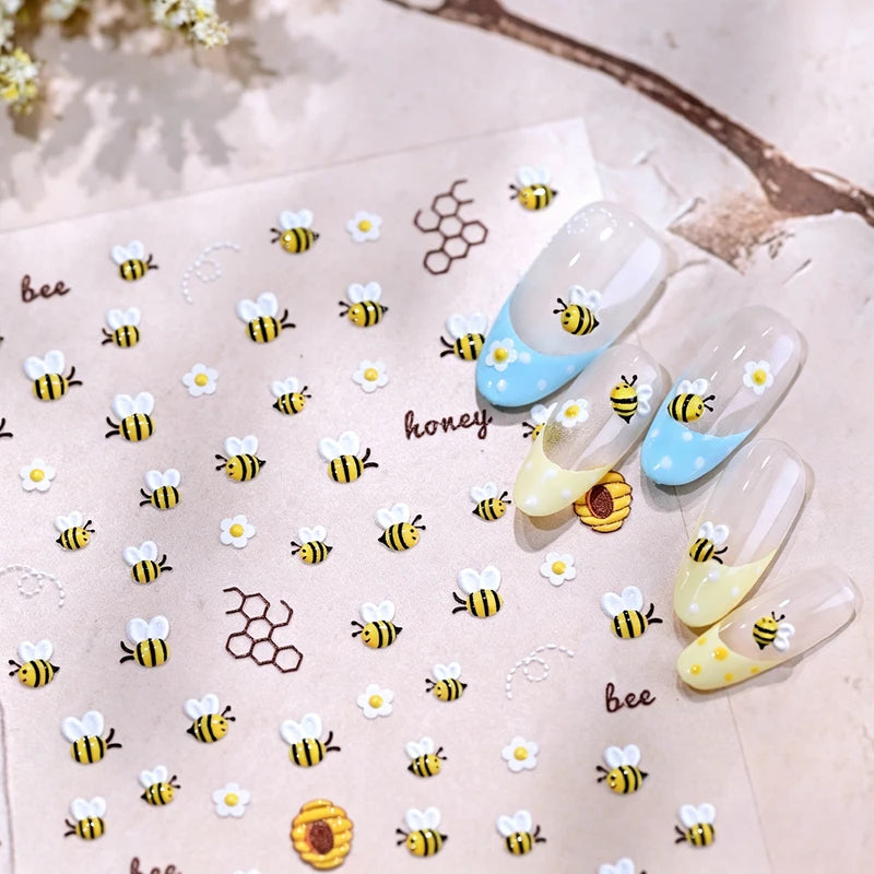 Cute Bee Daisy Flower Nail Art Stickers - 5D Embossed DIY Manicure Decals