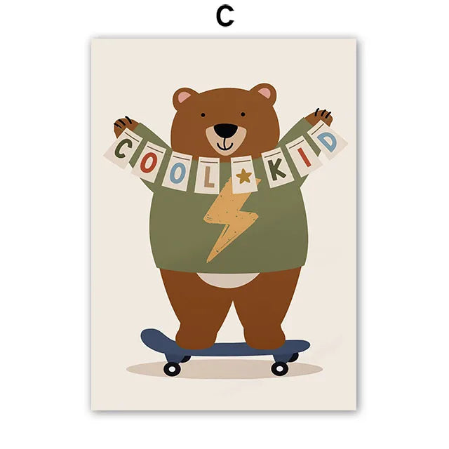 Nursery Wall Art Canvas Prints - Cartoon Animals for Kids Room Decor