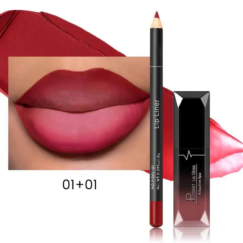 Matte Lip Gloss and Lip Liner Set - Waterproof, Long-Lasting Makeup Kit