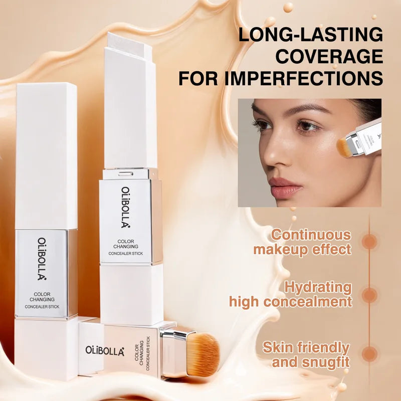 Color Changing Foundation Stick with Double Head Brush Full Coverage Matte Finish Lightweight Moisturizer