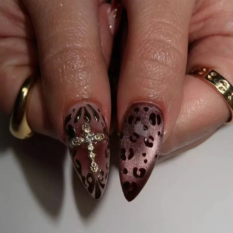24Pcs Fake Nail Set with 3D Embossed Flowers Leopard Polka Dot Design – Almond Tips, Press-On Nails for Women & Girls