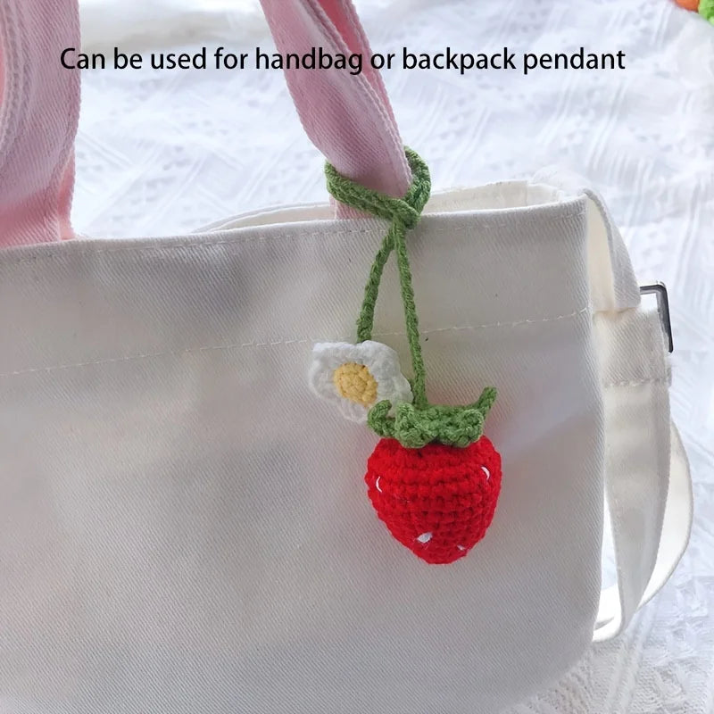 Cute Strawberry Car Hanging Decor - Knitted Fruit Pendant for Vehicle Interior