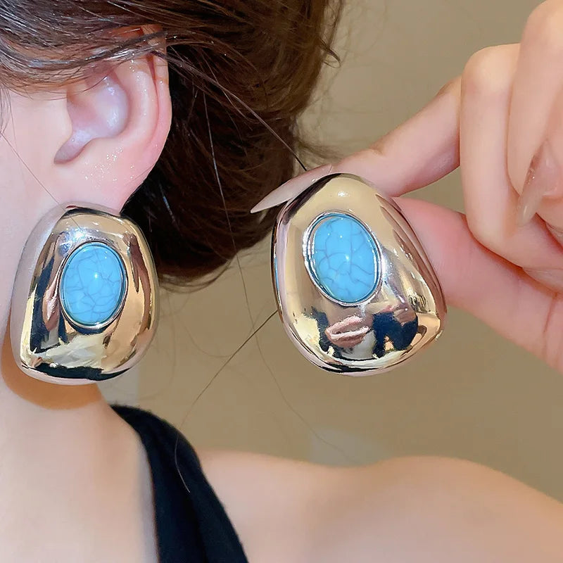 Oversized Turquoise Ear Studs - Gold Color Oval Earrings for Women