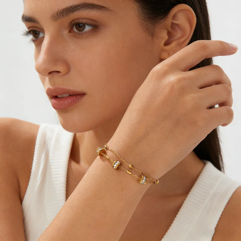 Women's Beaded Zircon Bracelet with 18K Gold PVD Plating - Elegant Jewelry