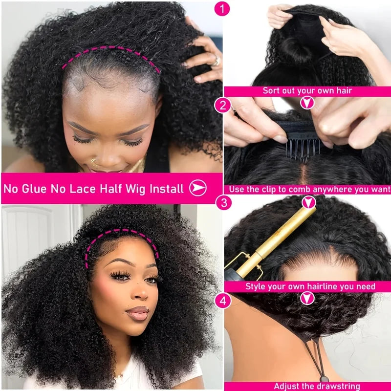 Brazilian Human Hair Curly Wig 16-36in Seamless Glueless Half Wig for Natural Look