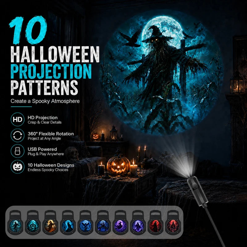 Halloween Themed 10-Pattern Projection Night Light for Ambient Decor