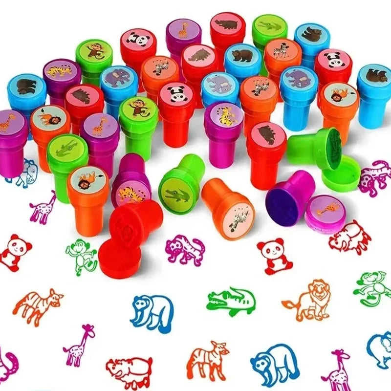 Assorted Kids Self-Ink Stamp Set with Animal & Fruit Designs - 10 Pieces