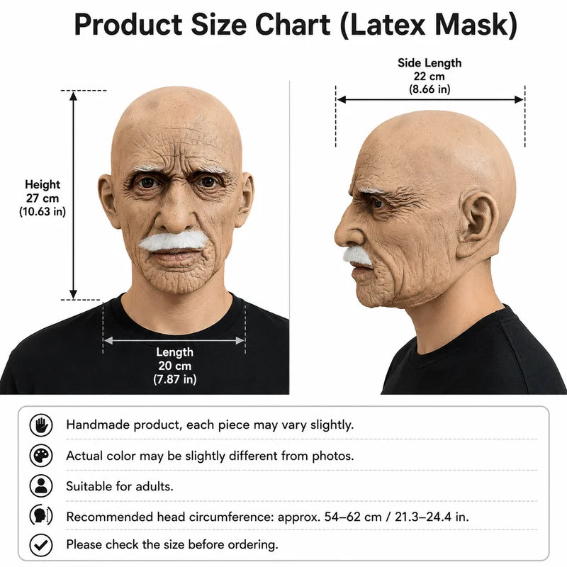 Realistic Elderly Man Latex Mask with Beard for Halloween Cosplay Costume