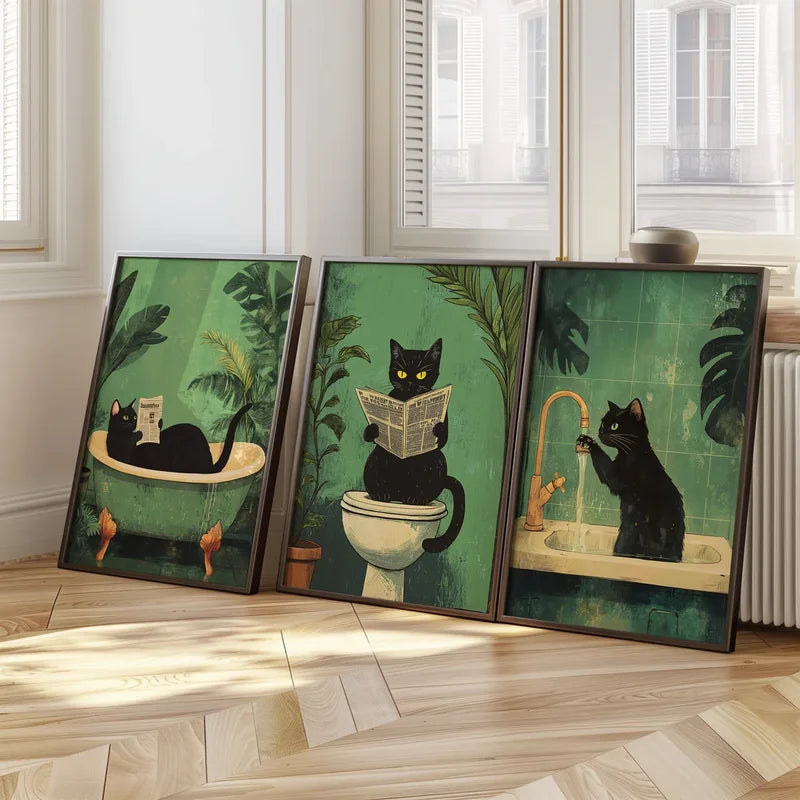 Funny Black Cat Bathroom Wall Art Canvas Poster - Animal Toilet Decor for Living Room Bedroom Home