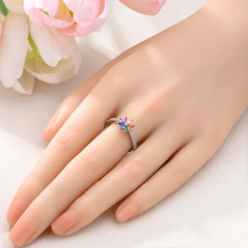 Rainbow Zircon Flower Rings - Hope Sterling Silver Jewelry for Women & Girls