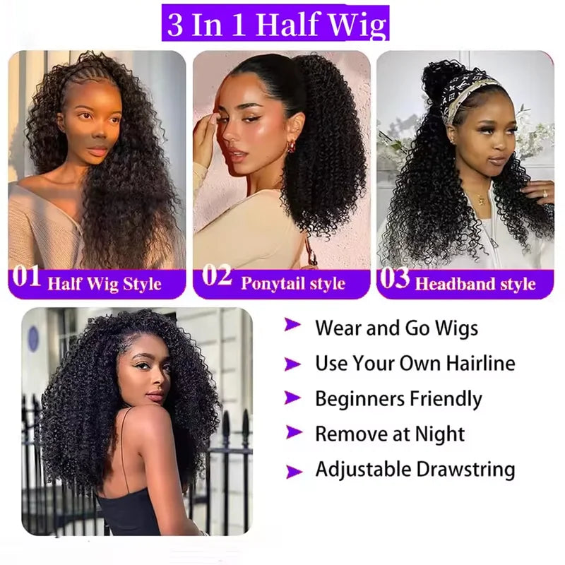 Kinky Curly Human Hair Half Wig 3-in-1 with Drawstring 16-22 Inch, 200 Density