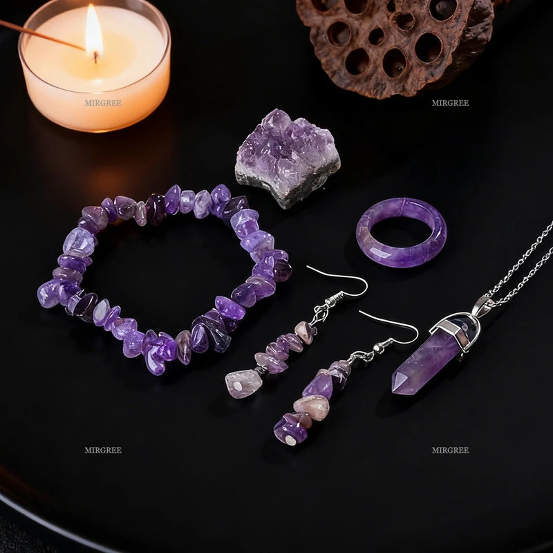Natural Amethyst Jewelry Set - Bracelet Necklace Ring Earrings Healing Crystals