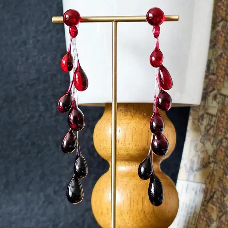 Gothic Blood Drop Tassel Earrings - Red Water Drop Resin Jewelry for Women Halloween