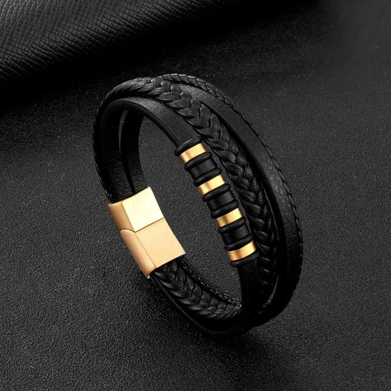 Multi-Layer Leather Bracelet with Magnetic Clasp Men’s Fashion Wrist Jewelry Casual Business Accessory