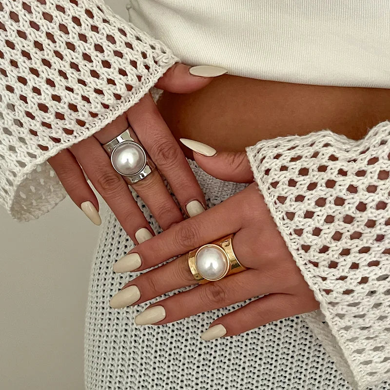Adjustable Metal Wide Open Rings for Women & Men with Imitation Pearl & Geometric Design