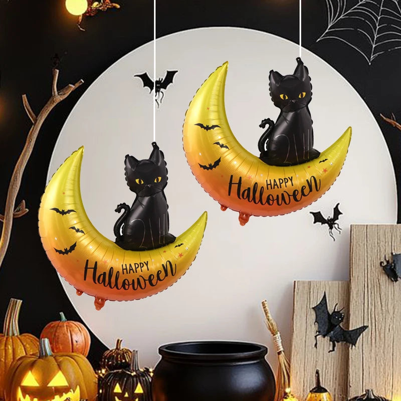 Halloween Foil Balloons - Black Cat Moon Design Party Decorations, 2pcs