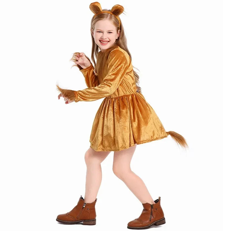 Girls Lioness Halloween Costume Jungle Safari Outfit with Headband - Animal Cosplay