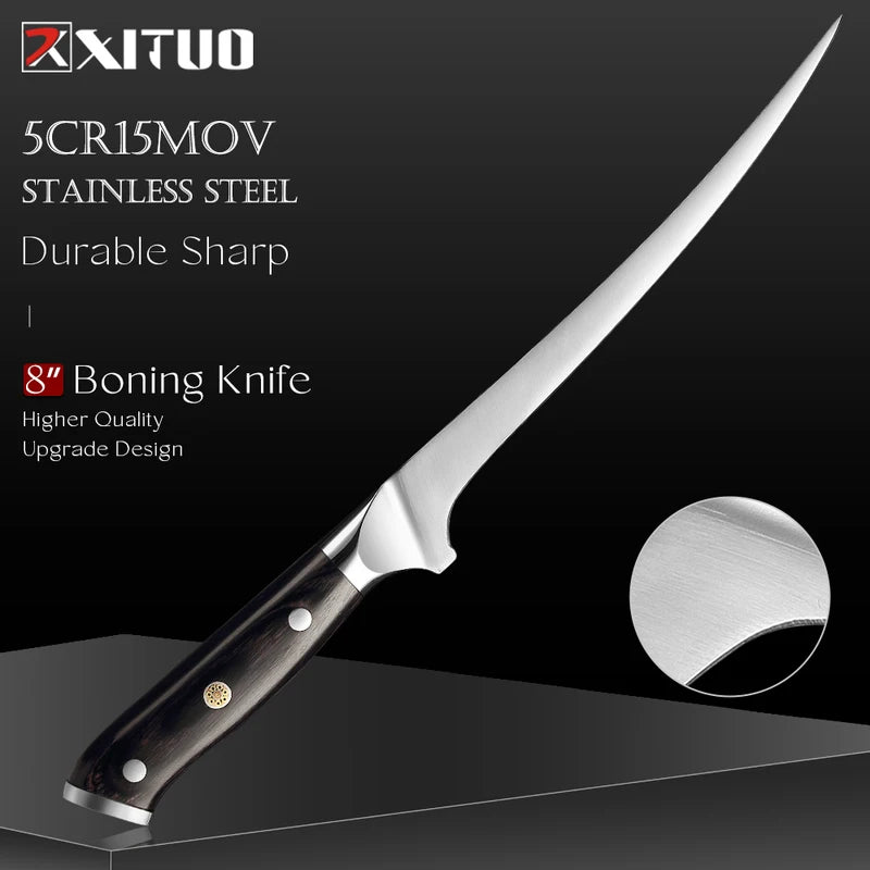 8 Inch Stainless Steel Boning Knife - Sharp Flexible Curved Fish & Meat Cutter