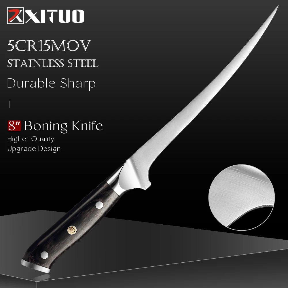 8 Inch Stainless Steel Boning Knife - Sharp Flexible Curved Fish & Meat Cutter