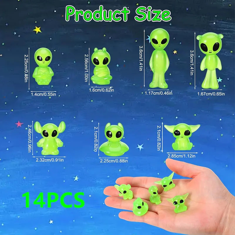 14Pcs Luminous Mini Alien Resin Figurines - Glow in Dark Space Party Decorations