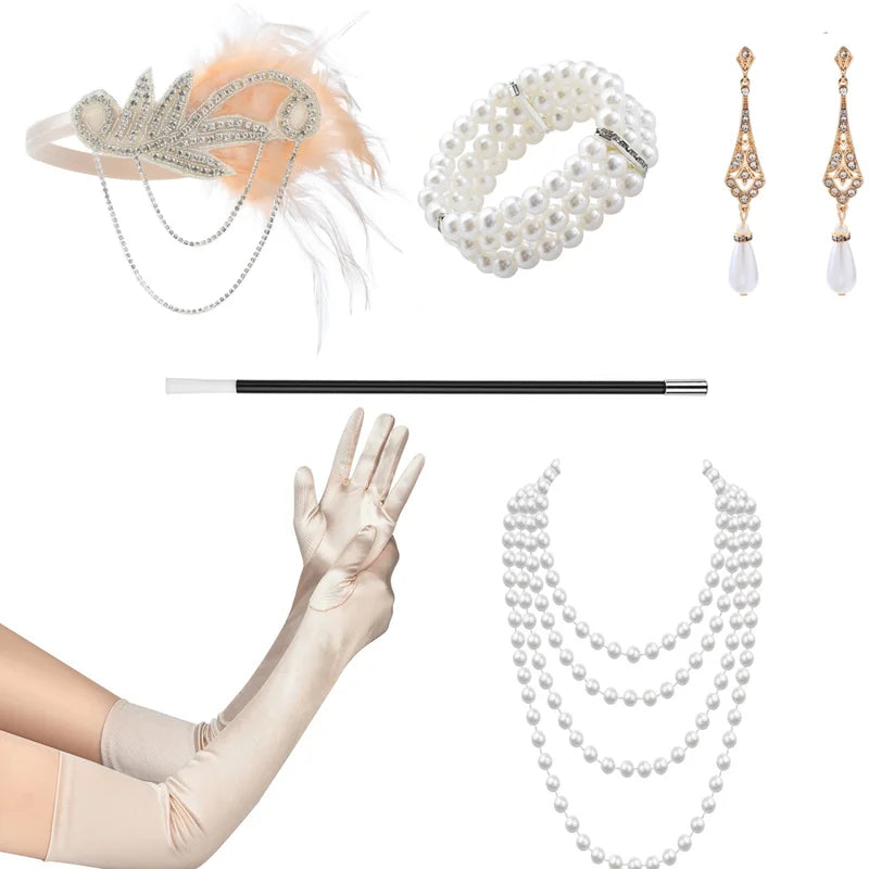 1920s Gatsby Costume Jewelry Set with Headband Gloves Earrings Necklace for Halloween Party