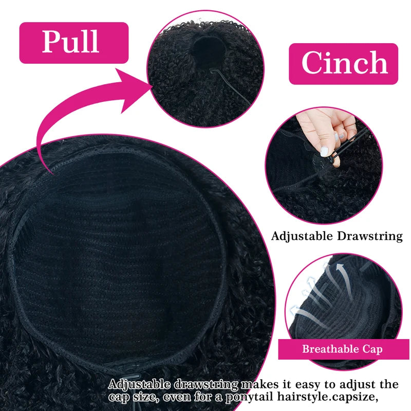 Kinky Curly Half Wig 3-in-1 Human Hair with Clip-Ins & Drawstring Seamless Style
