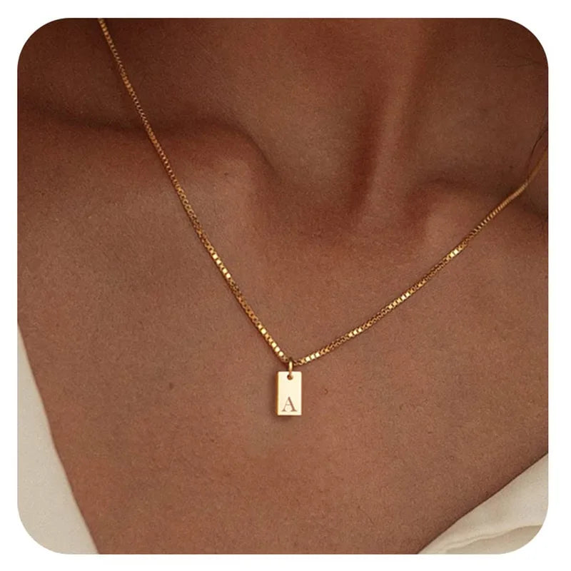 Tiny Square Initial Letter Necklace Gold Plated Stainless Steel Engraved Jewelry