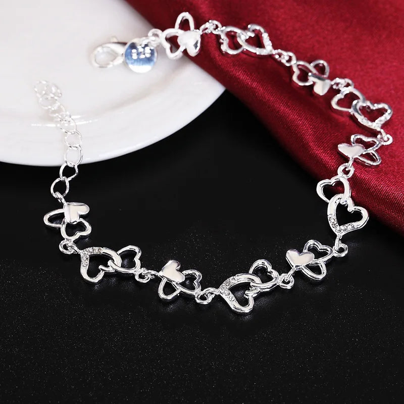 925 Sterling Silver Heart Flower Chain Bracelet for Women Jewelry