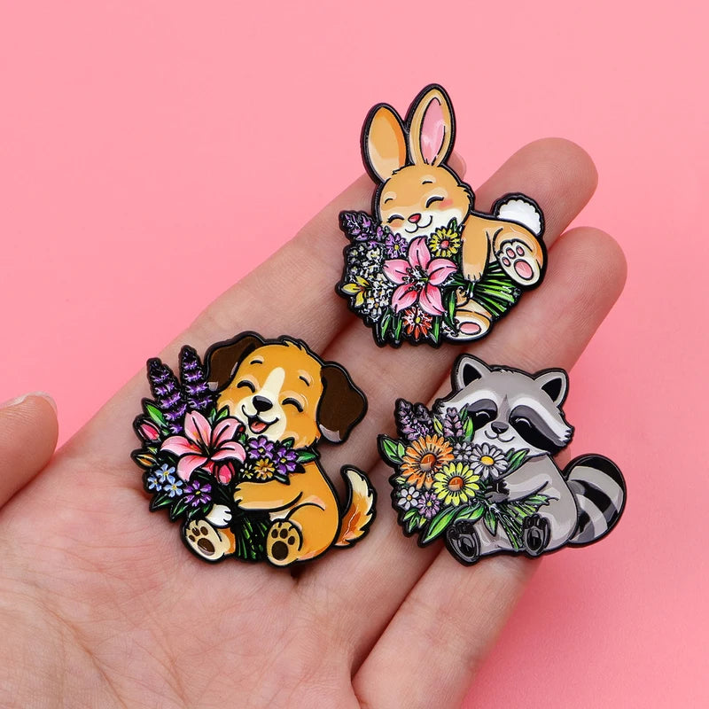Cute Animal Flower Bouquet Enamel Pins for Backpack & Gift - Assorted Styles