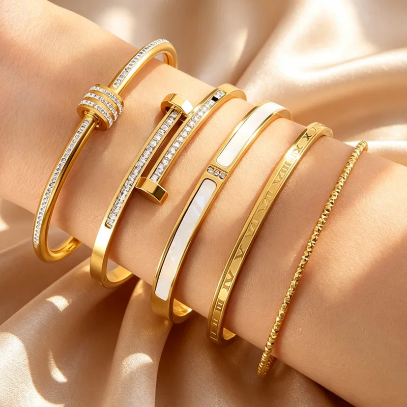 Women Stackable Gold Color Bangles Stainless Steel Jewelry for Wedding & Gift