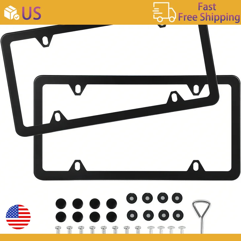 US Standard License Plate Frame Stainless Steel Slim Edges Square Holes Includes Screws & Wrench