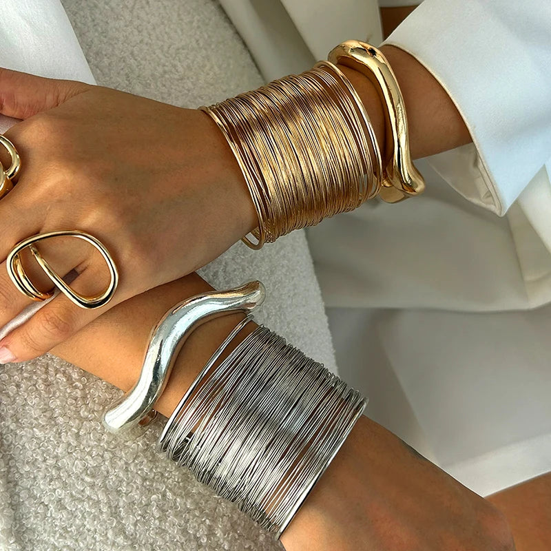 Vintage Punk Wide Wire Cuff Bangle Bracelets for Women Exaggerated Metal Jewelry
