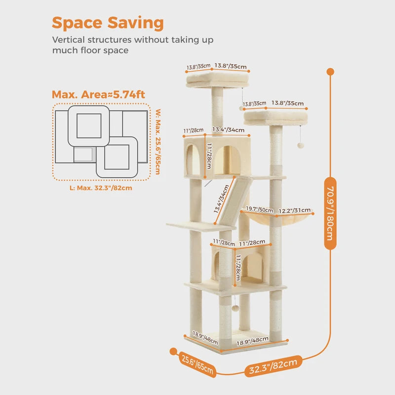Large Multi-Level Cat Tree Tower with Scratching Posts and Caves for Indoor Cats