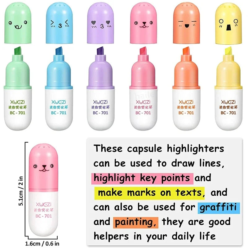 6-Pack Colorful Mini Pill Highlighter Pen Set - Cute Smiling Face Design for School & Office