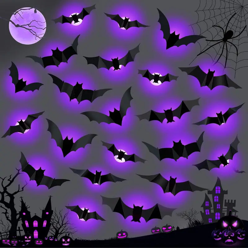 Halloween Bat and Spider Night Light Wall Sticker Set - Purple & Green 3D Decor