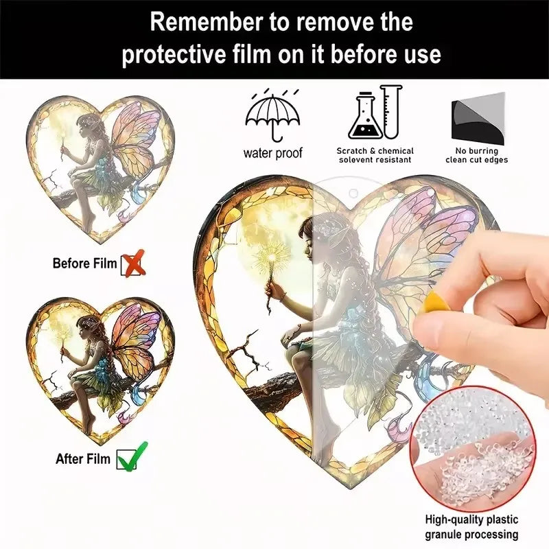 Fairy Night Suncatcher Wall Hanging - Heart Shaped Stained Glass Acrylic Decor
