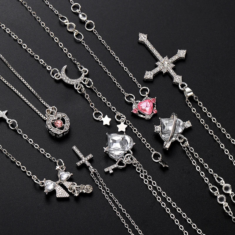 8pcs Y2K Heart Bow Cross Necklace Set for Women - Shiny Clavicle Chain Jewelry
