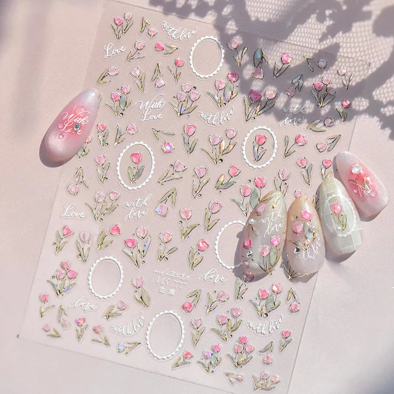 Spring Flower Nail Art Stickers Self-Adhesive 5D Cherry Blossom Tulip Decals