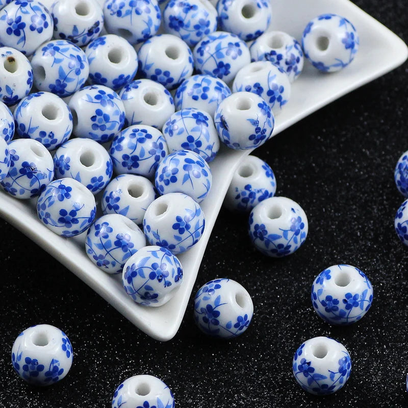 20pcs Vintage Blue and White Orchid Round Ceramic Beads for Jewelry Making