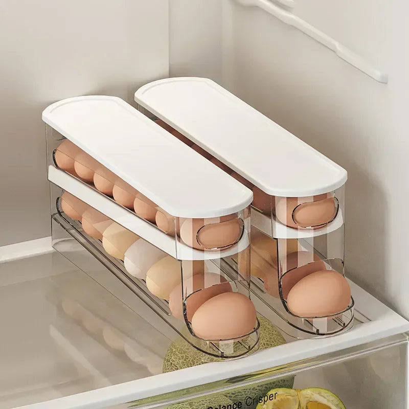 Double Layer Egg Storage Box with Automatic Rolling Dispenser Refrigerator Egg Organizer