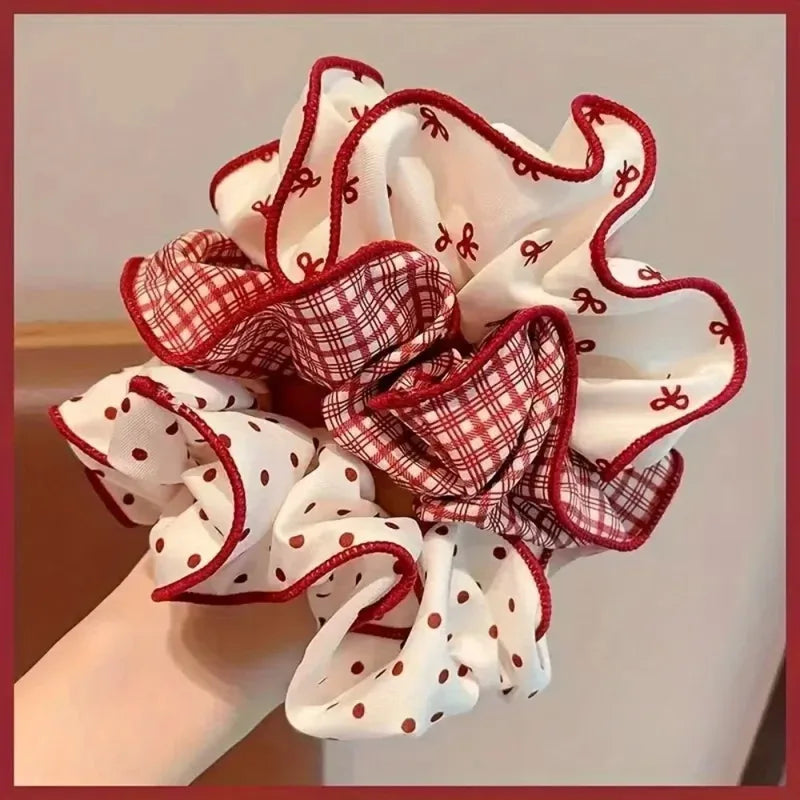2/3pcs High End Red Cute Dot Plaid Scrunchies for Women & Girls Hair Ties