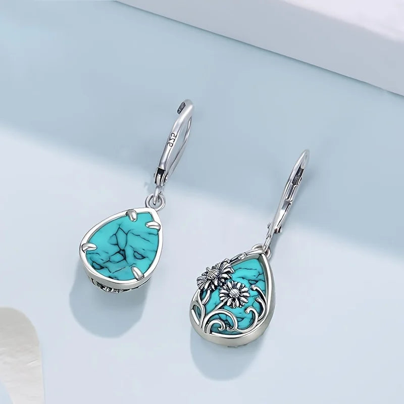 Vintage Sunflower Drop Earrings for Women Turquoise Inlay Jewelry Gift