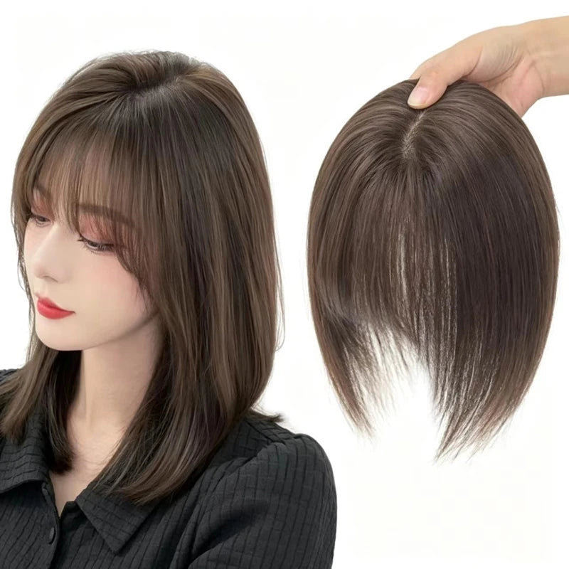 Synthetic Hair Topper with Bangs - Invisible 3D Hair Toupee for Men & Women
