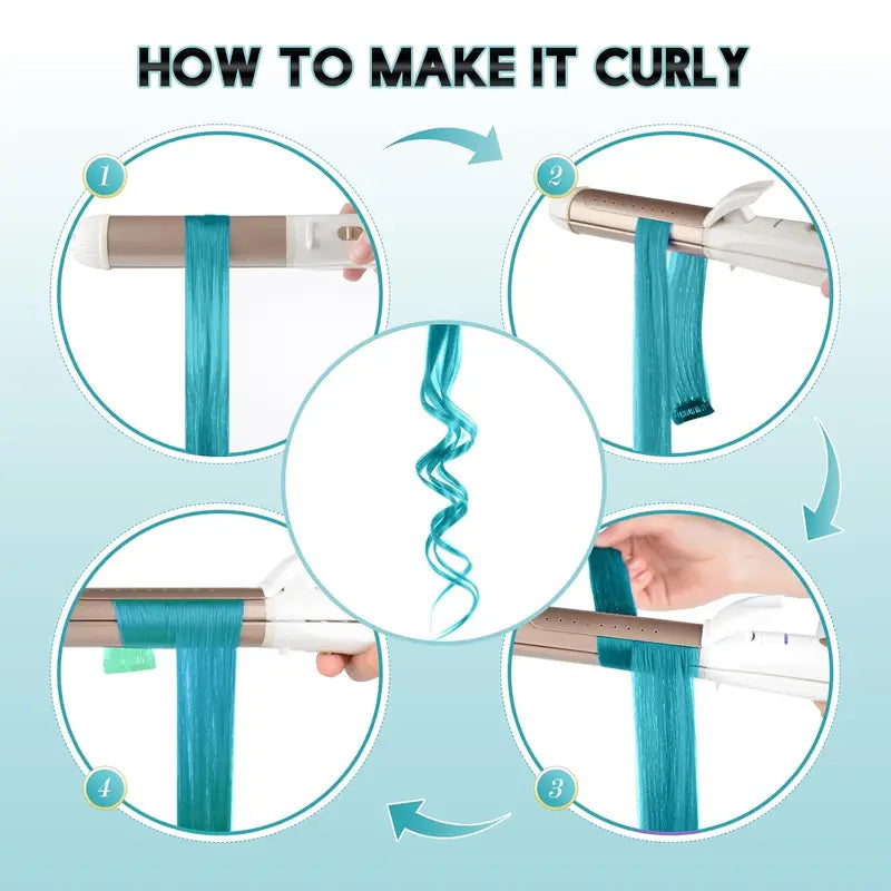 12 Pcs Teal Blue Clip-In Hair Extensions for Kids & Girls - 22 Inch Synthetic Highlights