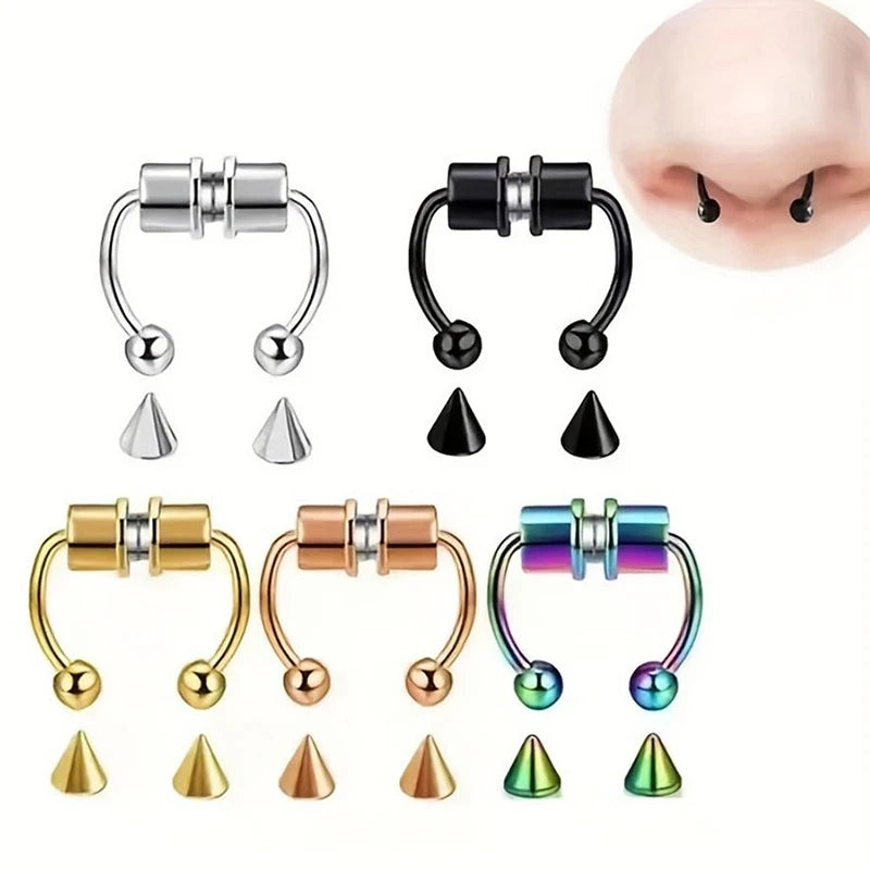 Fake Nose Ring Clips Set - Non-Piercing Magnetic Septum Jewelry for Women & Men
