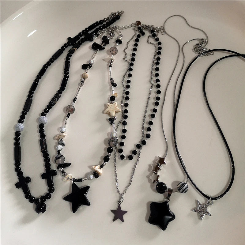 Kpop Goth Vintage Y2K Star Pendant Beaded Chain Necklace for Women & Men