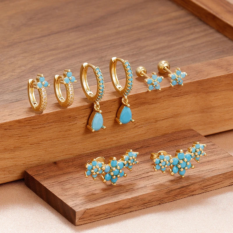 8PCS Stainless Steel Hoop Earrings Set for Women Crystal Flower Geometric Zircon Gold Plated Jewelry