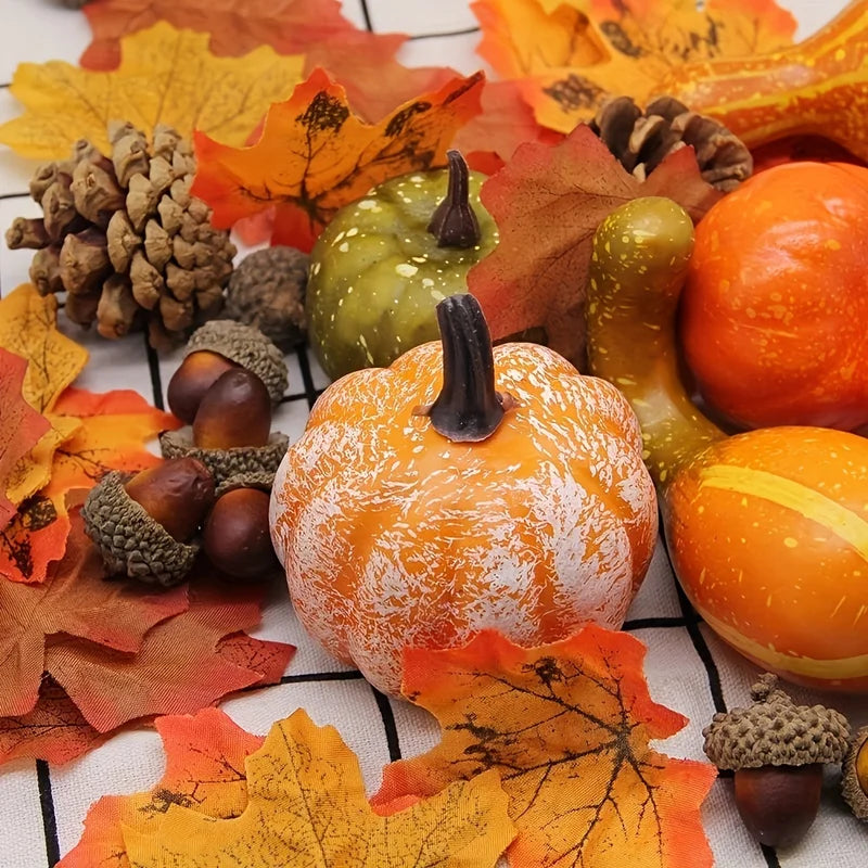 Thanksgiving Artificial Pumpkin Set with Leaves Acorns & Pine Cones for Autumn Decor