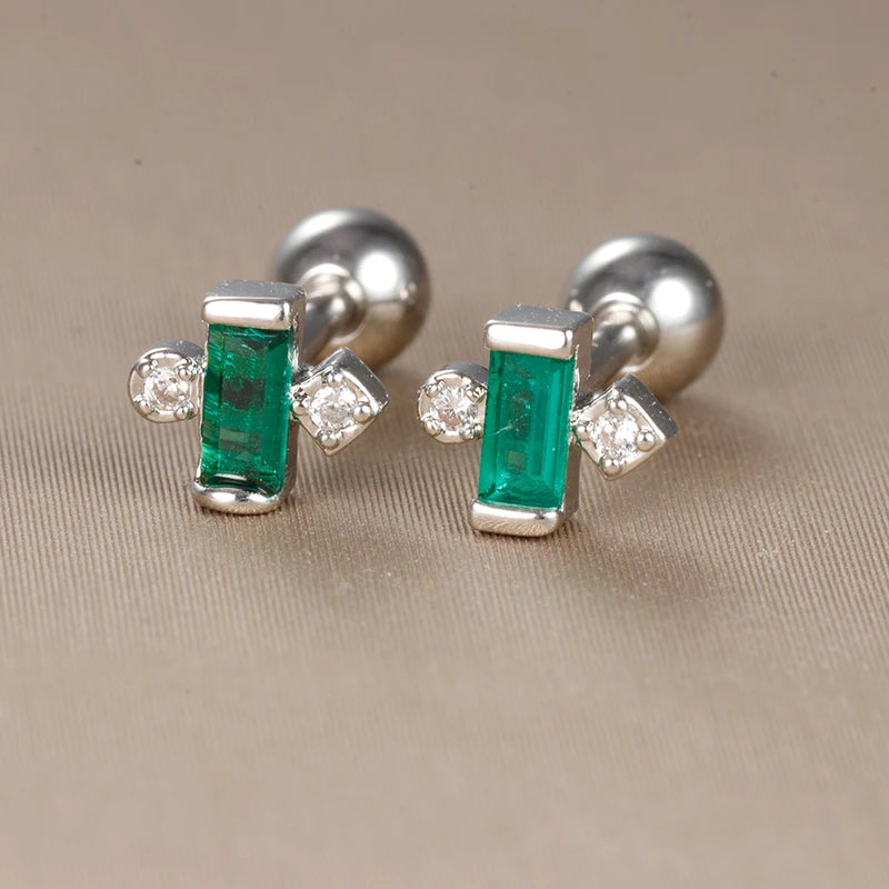 2-Piece Stainless Steel Tiny Stud Earrings for Women with Green Crystal Zirconia - Cartilage Helix Tragus Piercing Jewelry